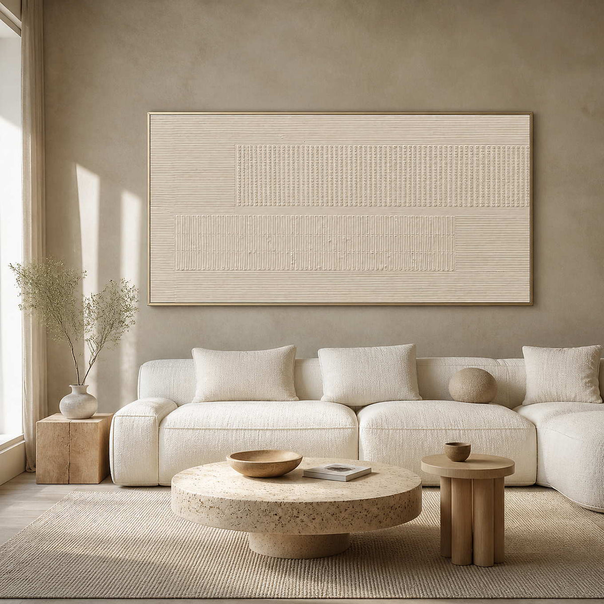 Ivory textured minimalist wall art in a warm contemporary living room.