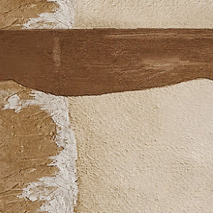 Close view of a brown stroke crossing rough ochre and pitted cream paint surfaces.