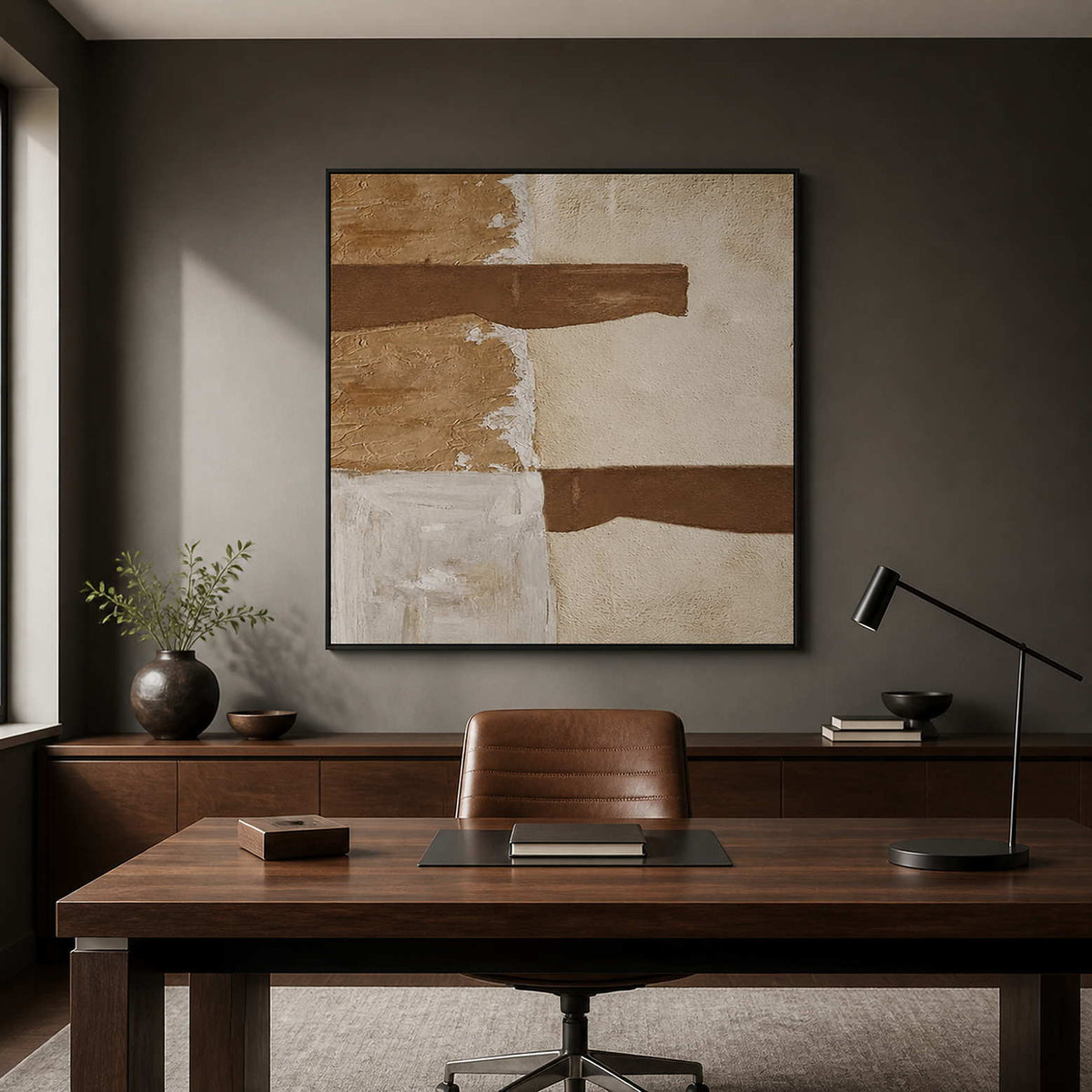 Black framed square painting with two horizontal brown strokes behind a study desk.