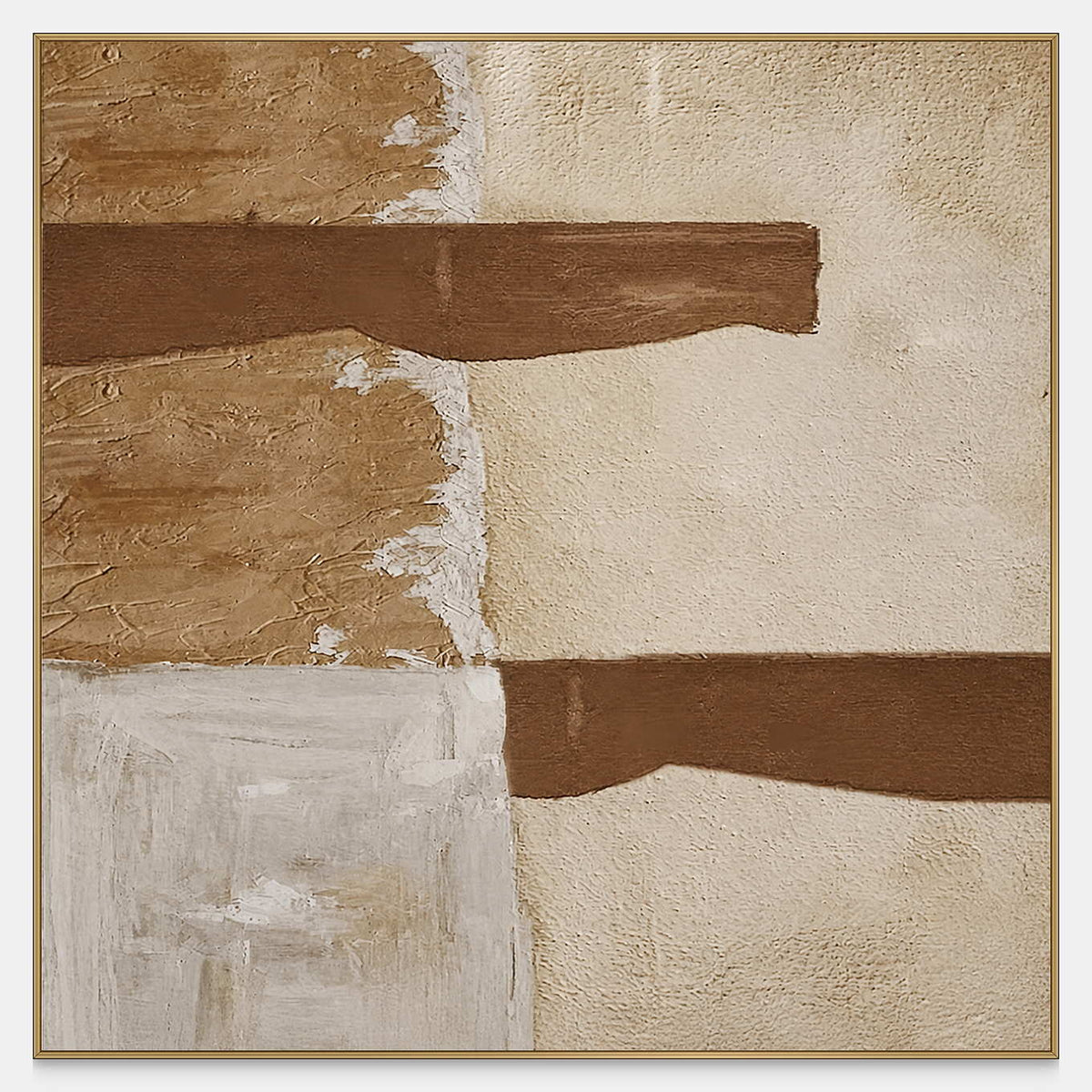 Square abstract painting with two brown strokes across textured cream and ochre sections.