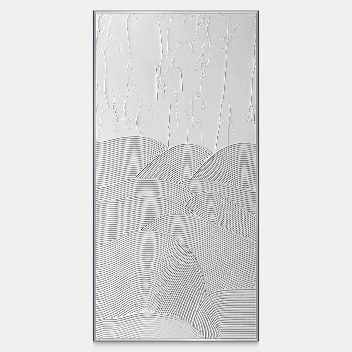 Tall white abstract artwork with overlapping curved grooves beneath an open textured field.