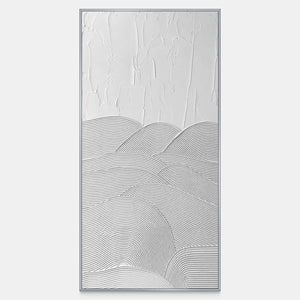 Tall white abstract artwork with overlapping curved grooves beneath an open textured field.