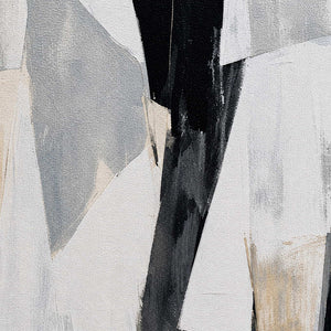 Close view of pale geometric brushwork, dark strokes, and woven canvas texture.