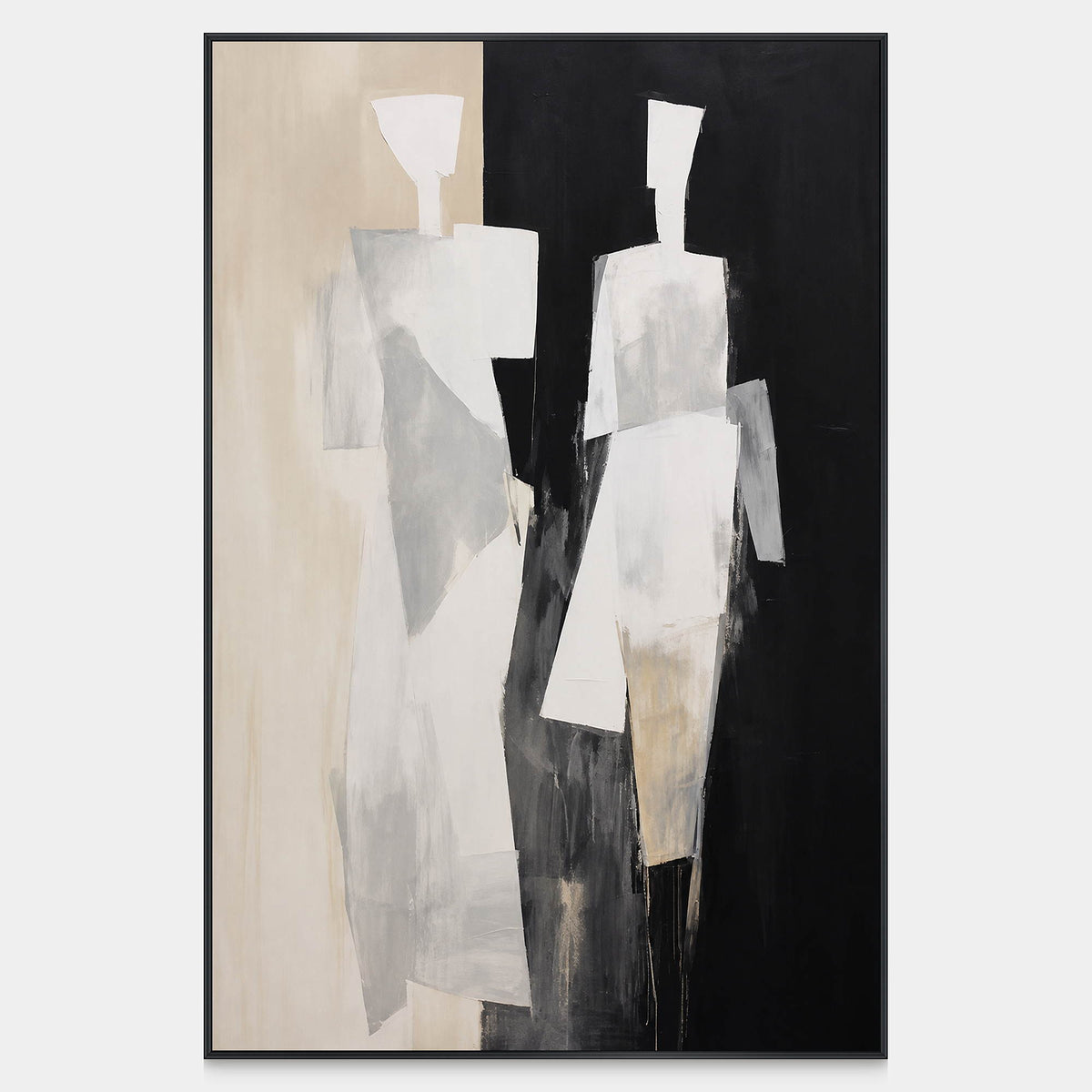 Two elongated pale figures stand against a divided beige and black background.