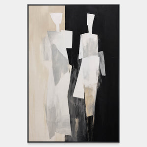 Two elongated pale figures stand against a divided beige and black background.