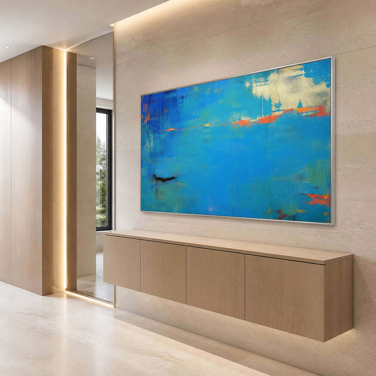 Textured blue abstract artwork brightening a modern bathroom dry area.
