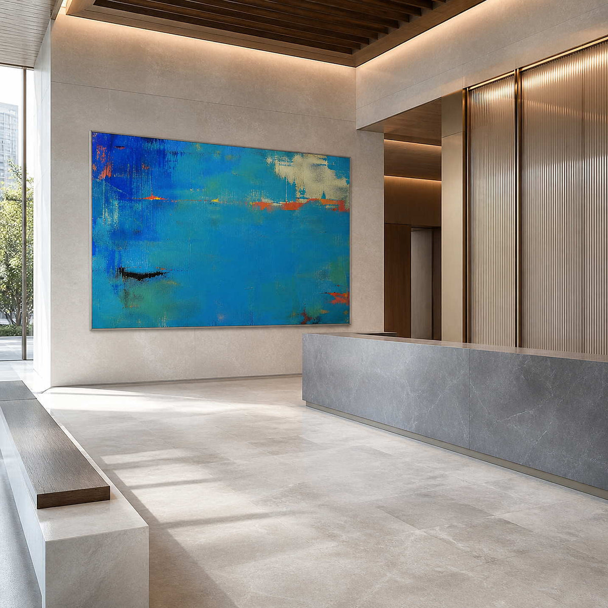 Large blue abstract canvas bringing energy to a commercial lobby.