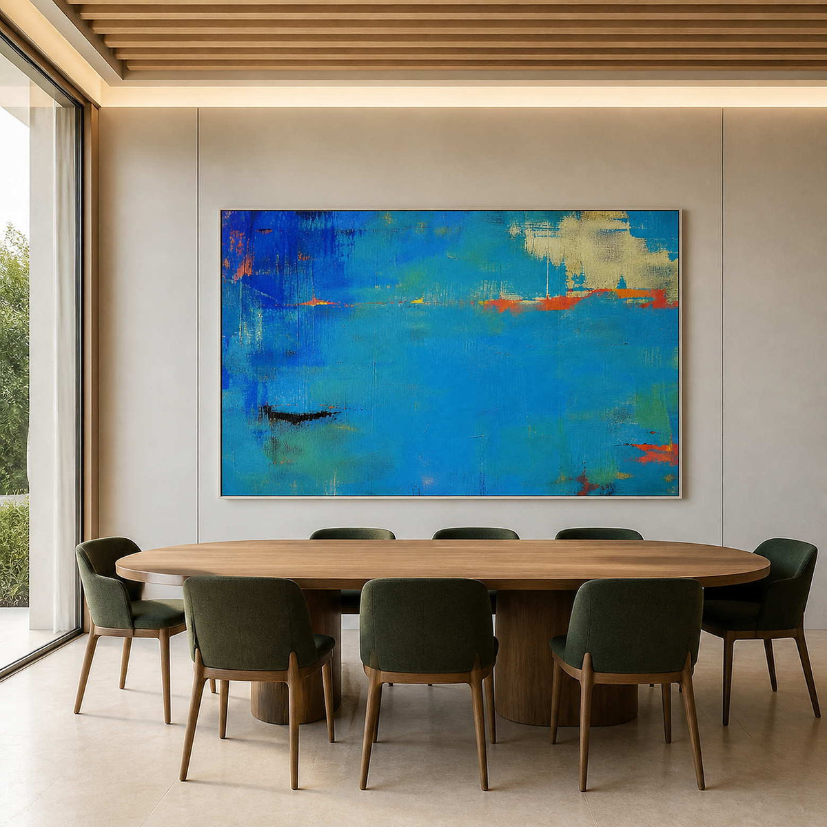 Cobalt and orange abstract artwork above a contemporary dining table.