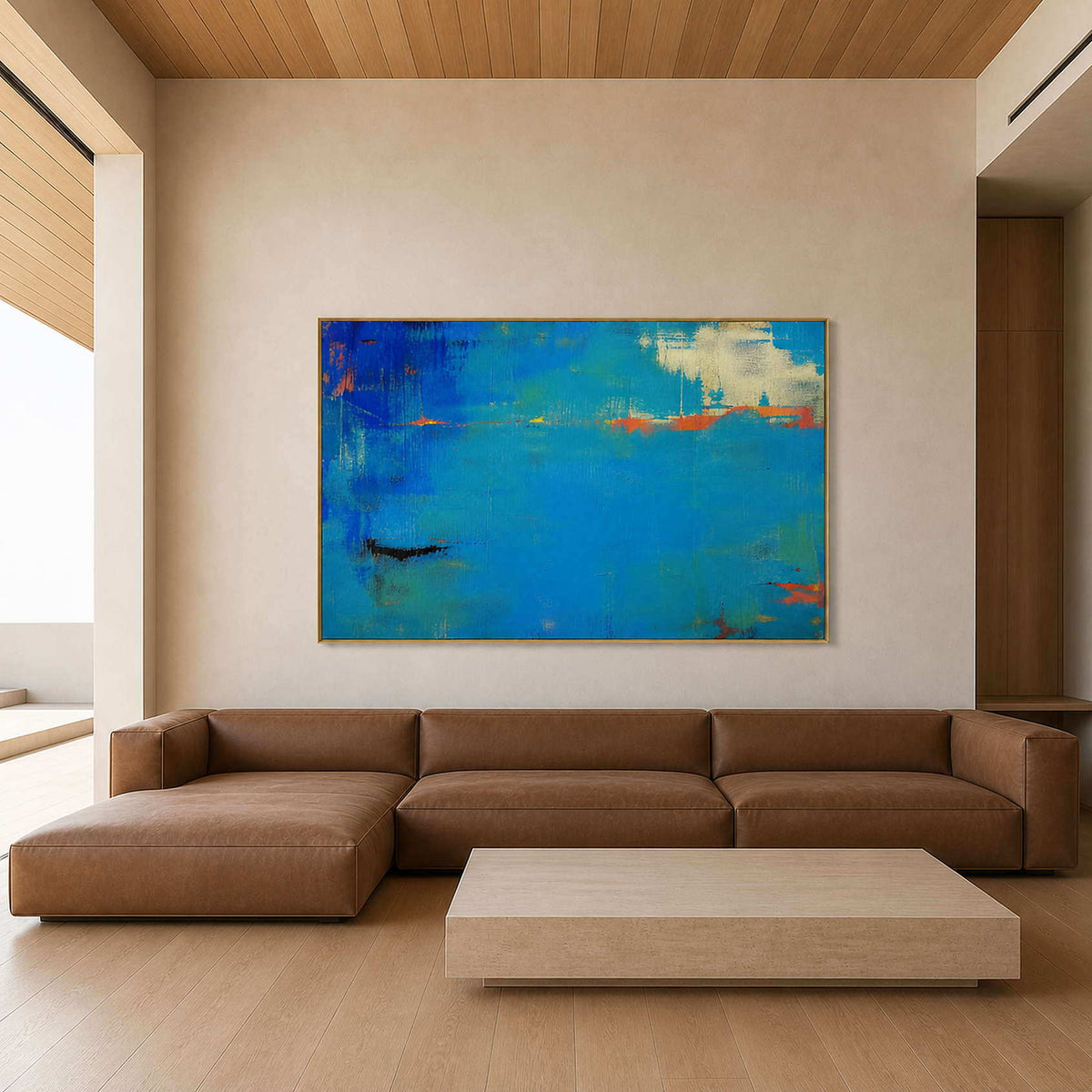 Bright blue textured abstract wall art in a modern living room.