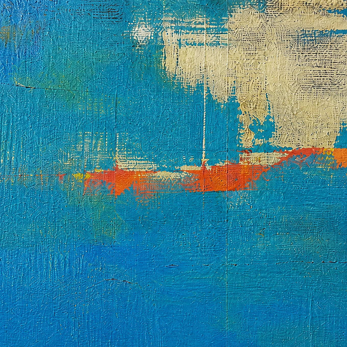Close-up of cobalt, turquoise, cream, and orange hand-painted texture.