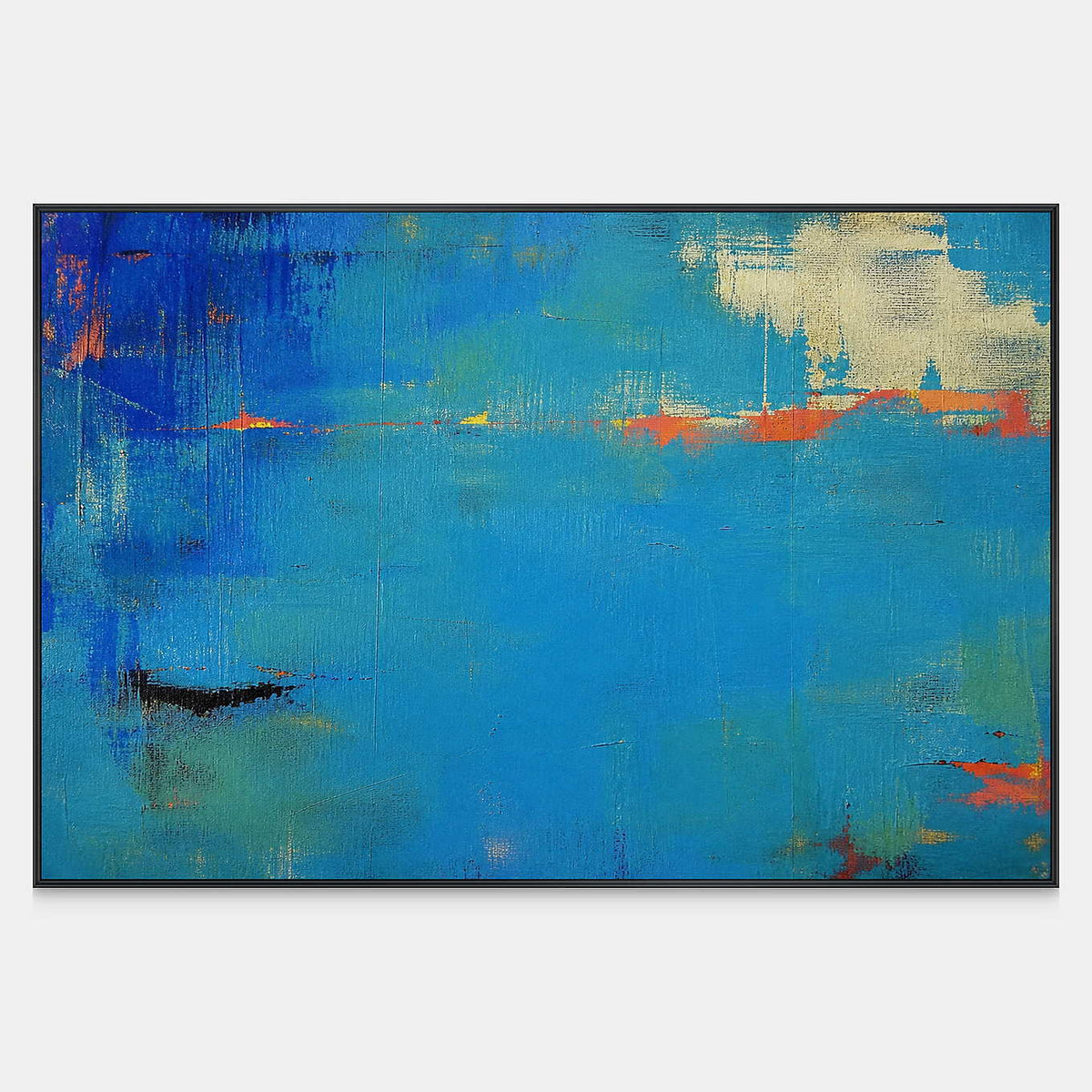 Hand-painted blue abstract canvas with a slim ember-orange horizon.