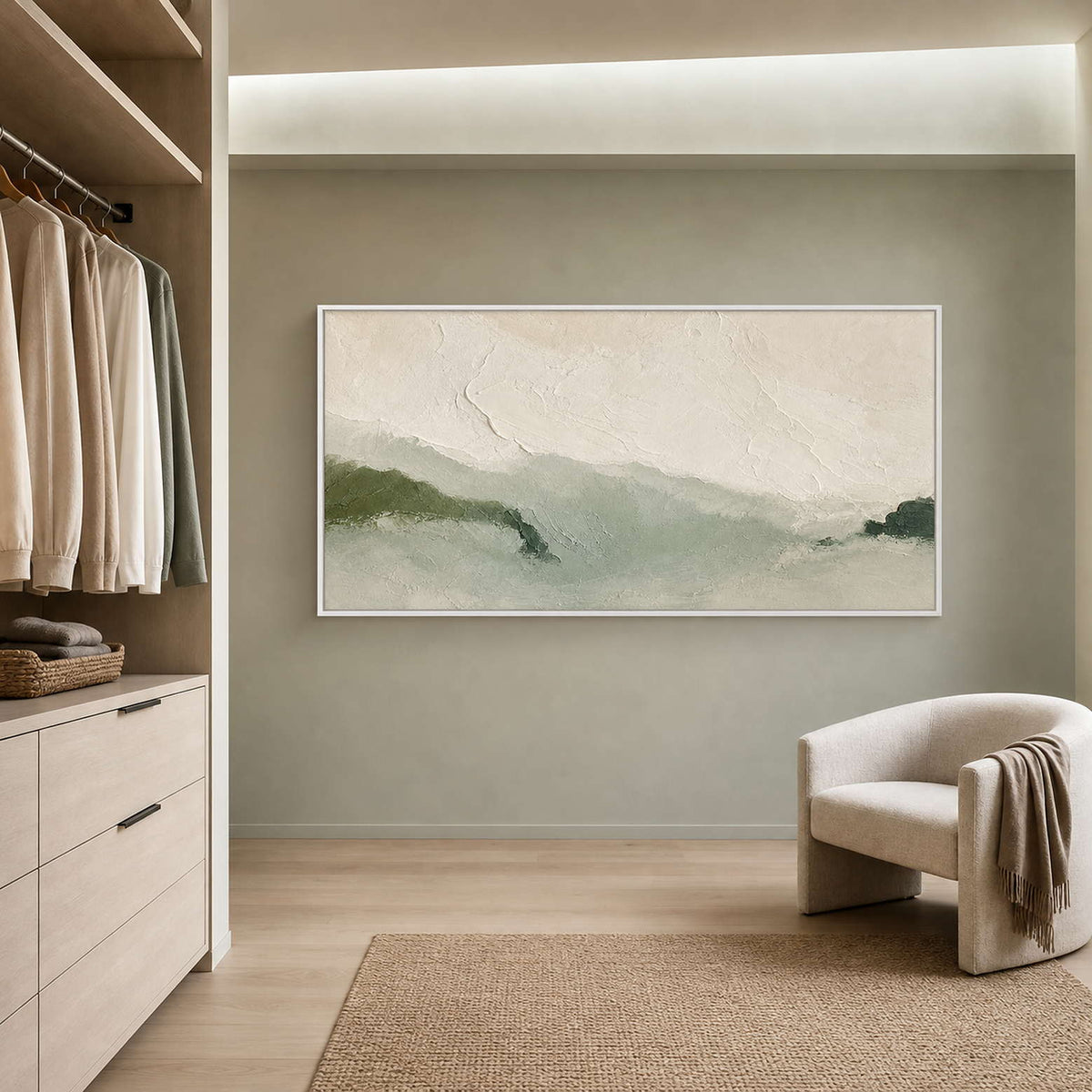 Wabi-Sabi Landscape Wall Art displayed in a refined bathroom.