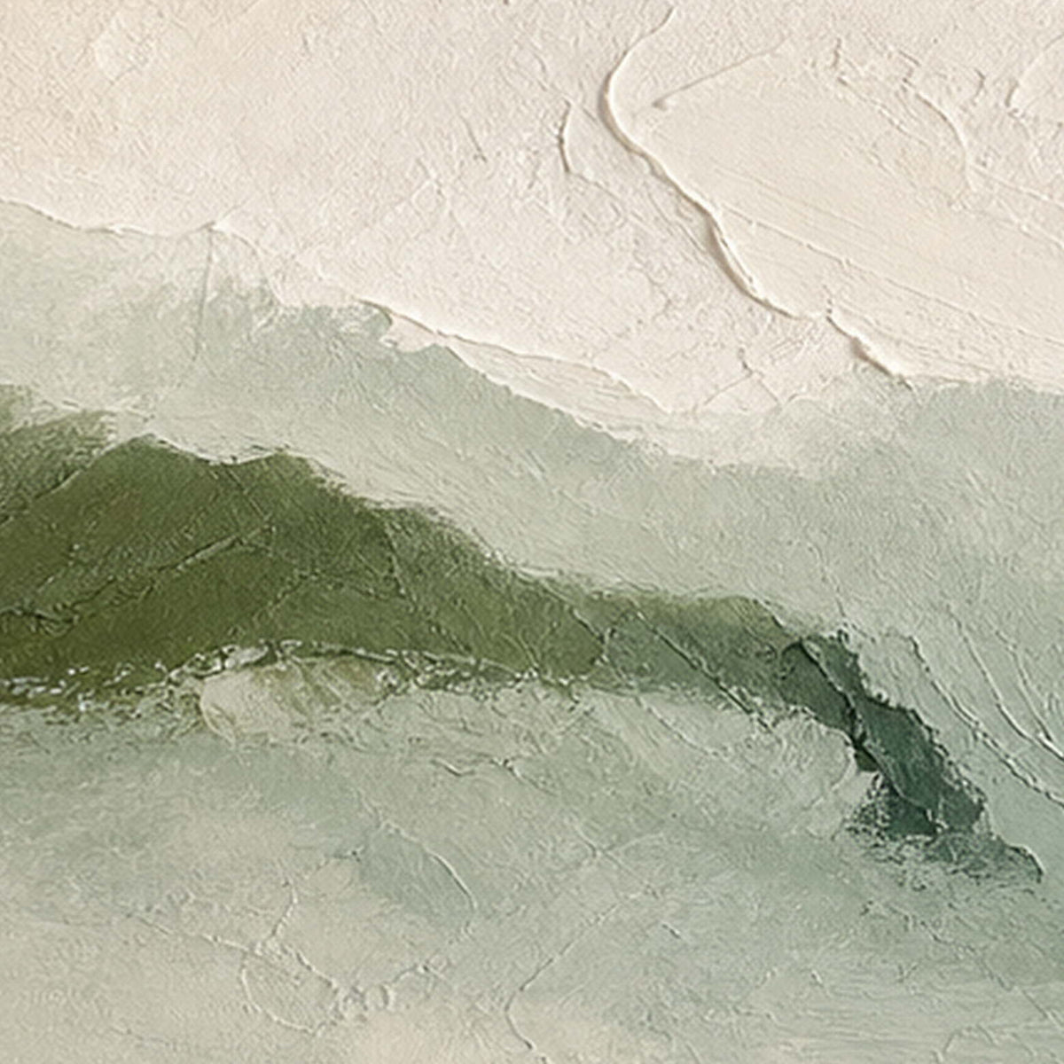 Close-up of raised hand-painted texture in green, white, and neutral.