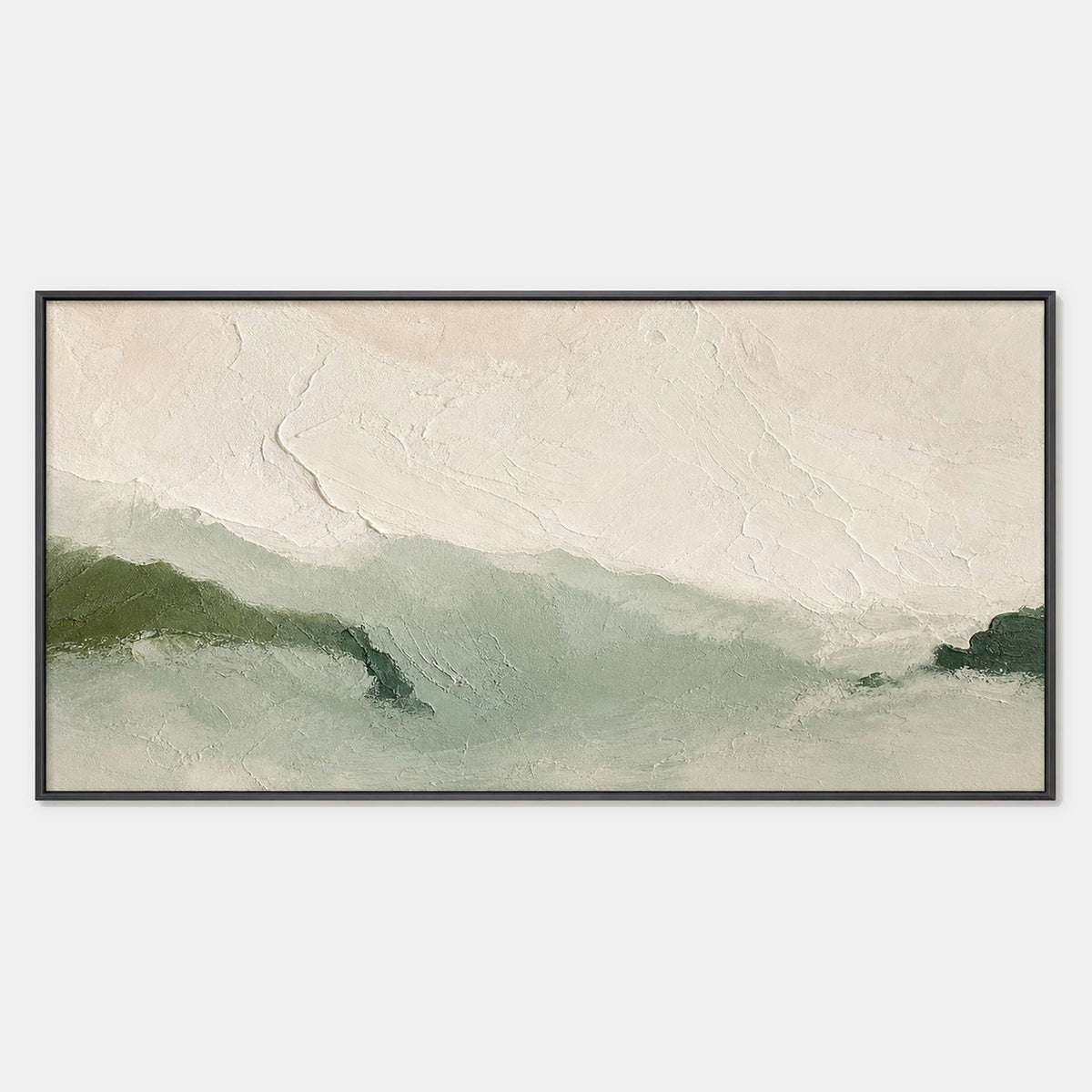 Hand-painted wabi-sabi landscape wall art in green, white, and neutral.