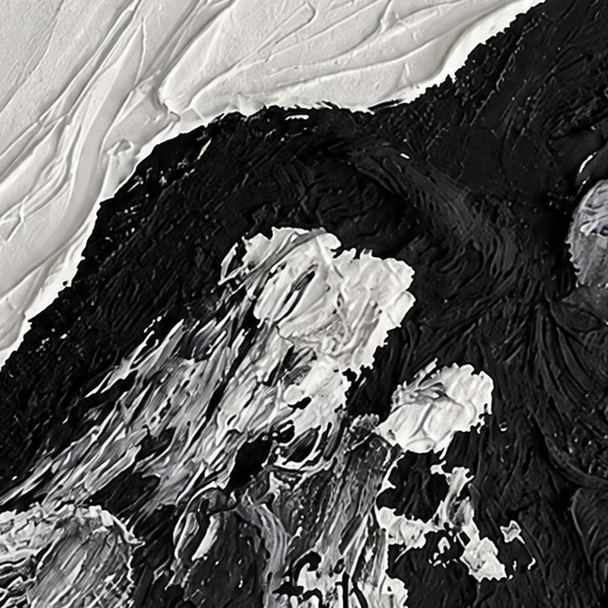 Close detail of white paint fragments over thick black ridges beneath pale diagonal texture.
