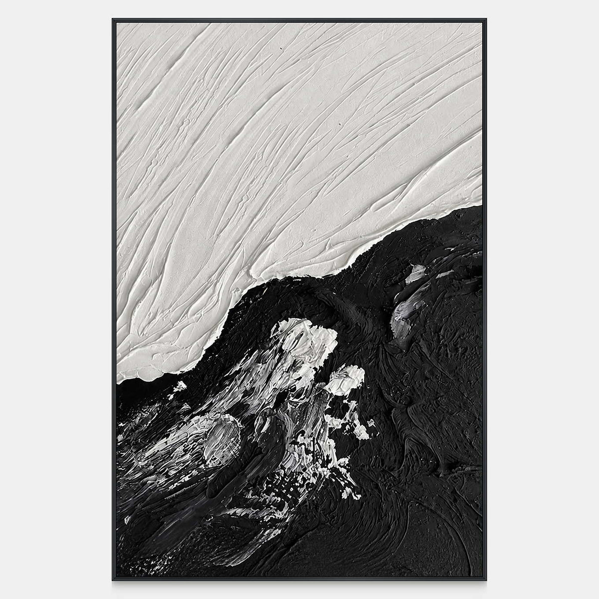 White diagonal ridges meet a rough black current with scattered pale paint marks.