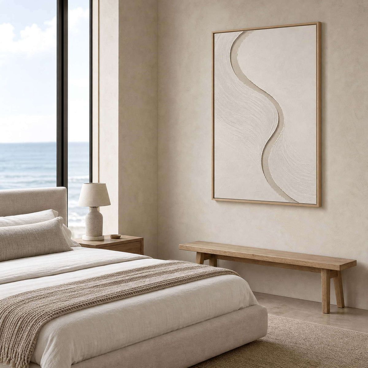 Textured Minimalist Wall Art displayed in a refined bedroom.