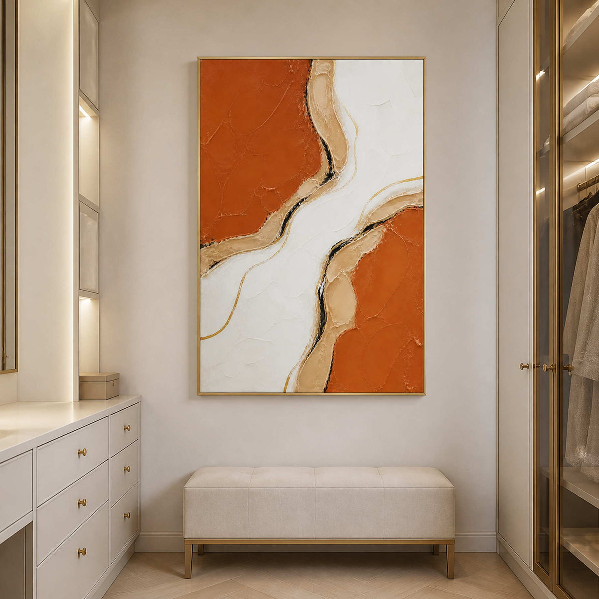 Terracotta textured abstract wall art displayed in a modern bathroom.