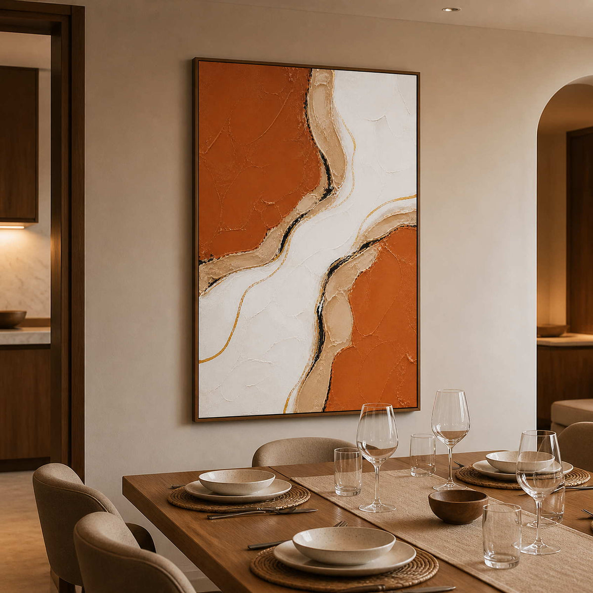 Terracotta vertical wall art displayed beside a warm dining table.
