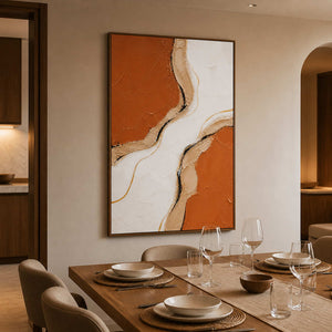 Terracotta vertical wall art displayed beside a warm dining table.