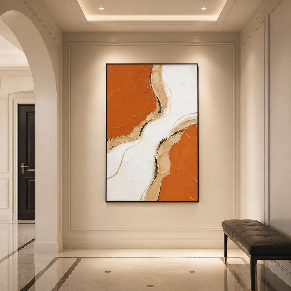 Vertical terracotta wall art displayed in a polished entryway.