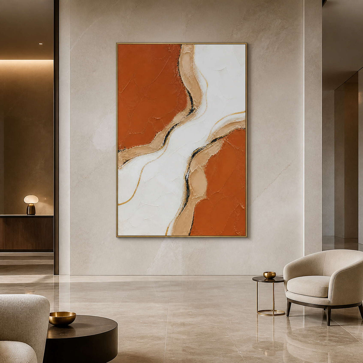 Textured vertical abstract wall art displayed in a refined hotel lobby.