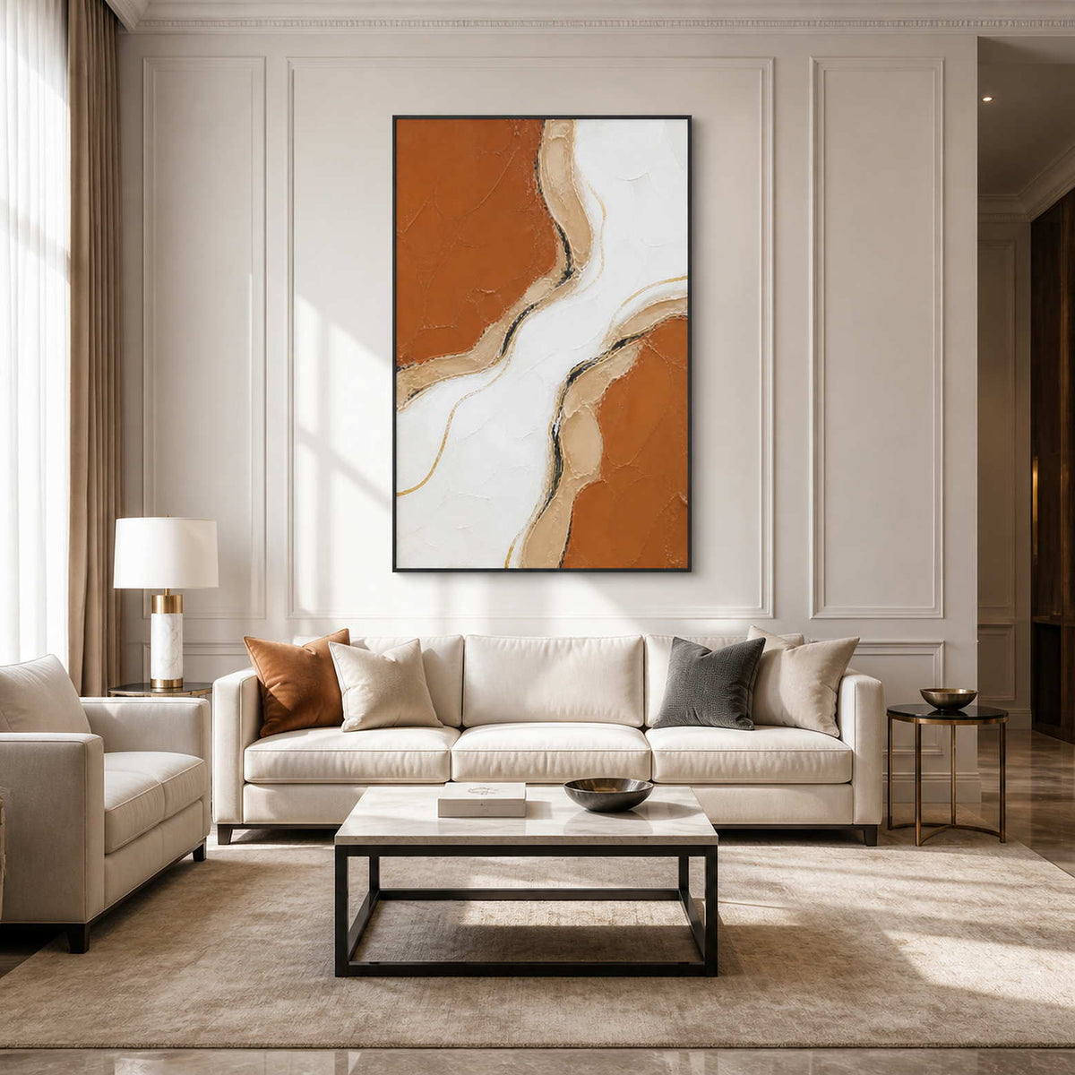 Vertical terracotta textured wall art in a bright modern living room.