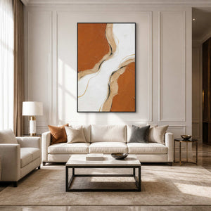 Vertical terracotta textured wall art in a bright modern living room.