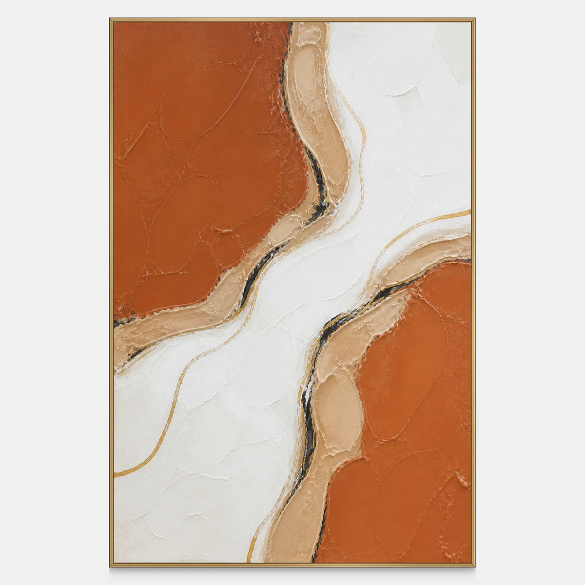 Vertical abstract wall art with flowing ivory, terracotta, sand, and gold.