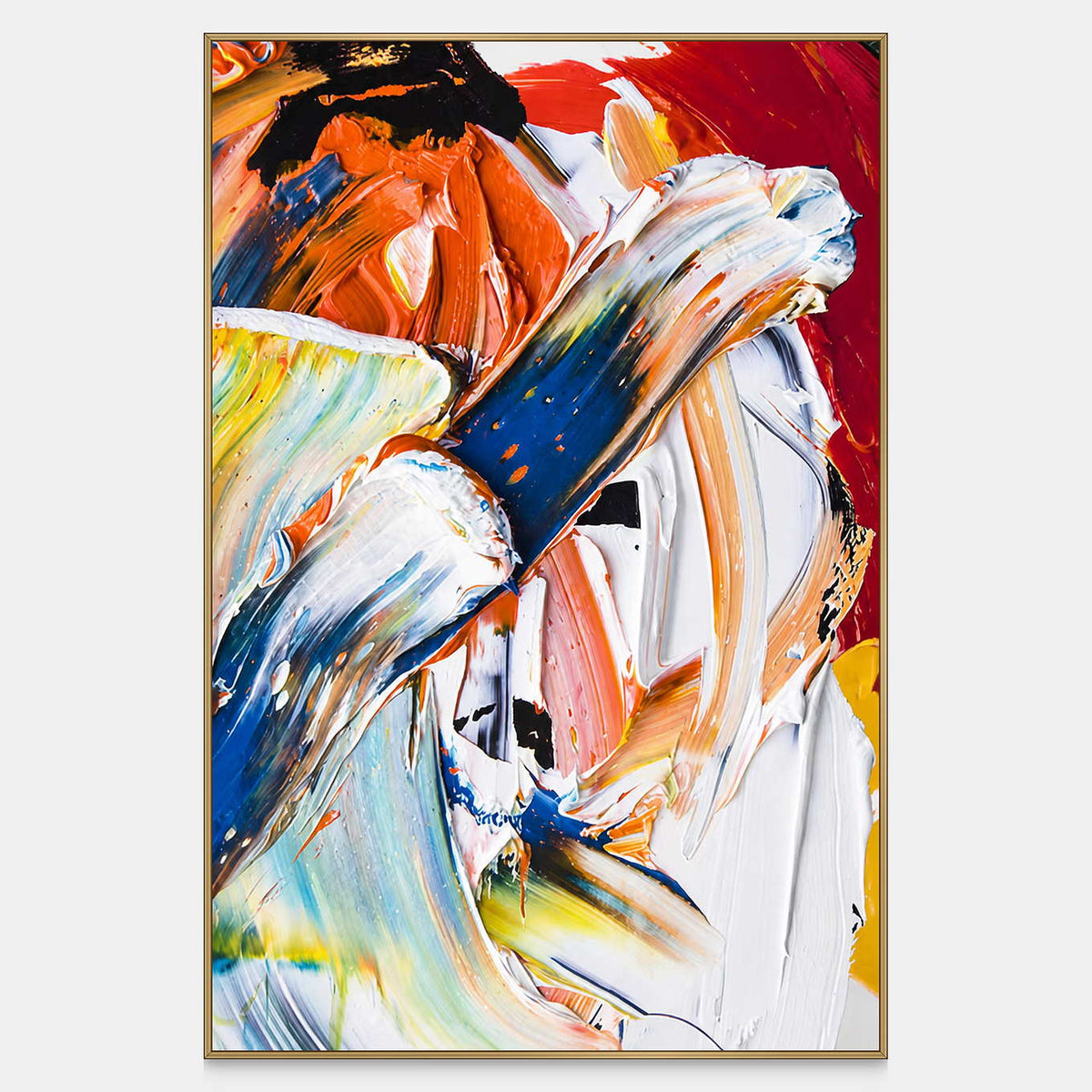 Vertical abstract painting with thick sweeping white and blue strokes crossing orange, red, and yellow passages.