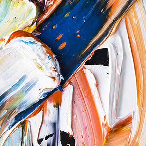 Close-up of thick blue, white, and orange paint ridges following sweeping diagonal gestures.