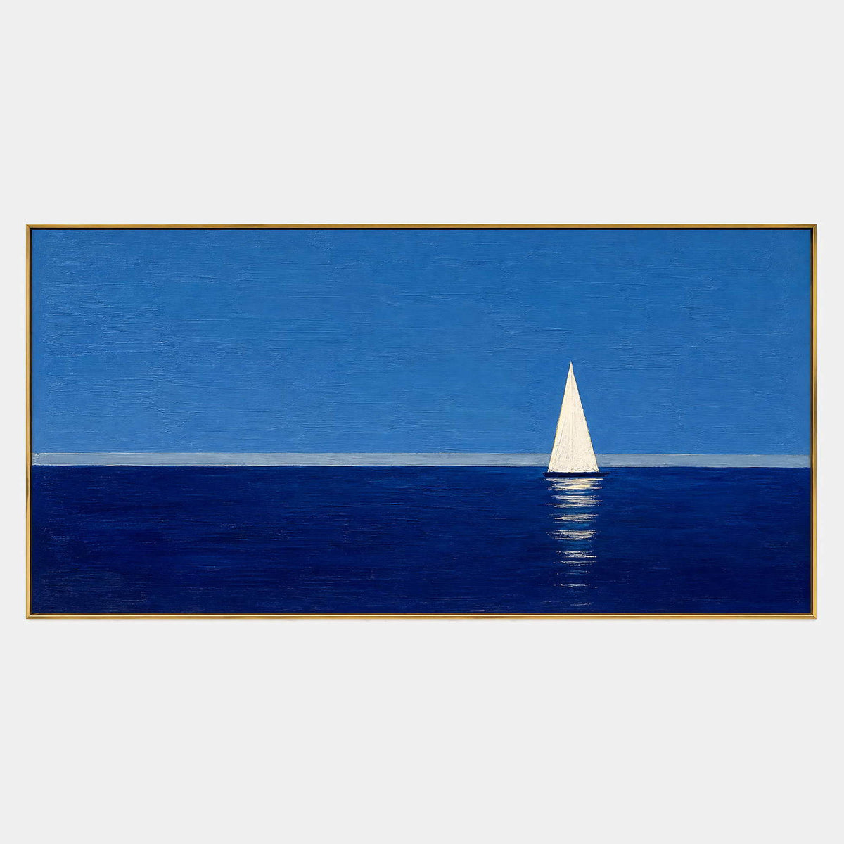 Panoramic blue coastal wall art with a solitary white sailboat.