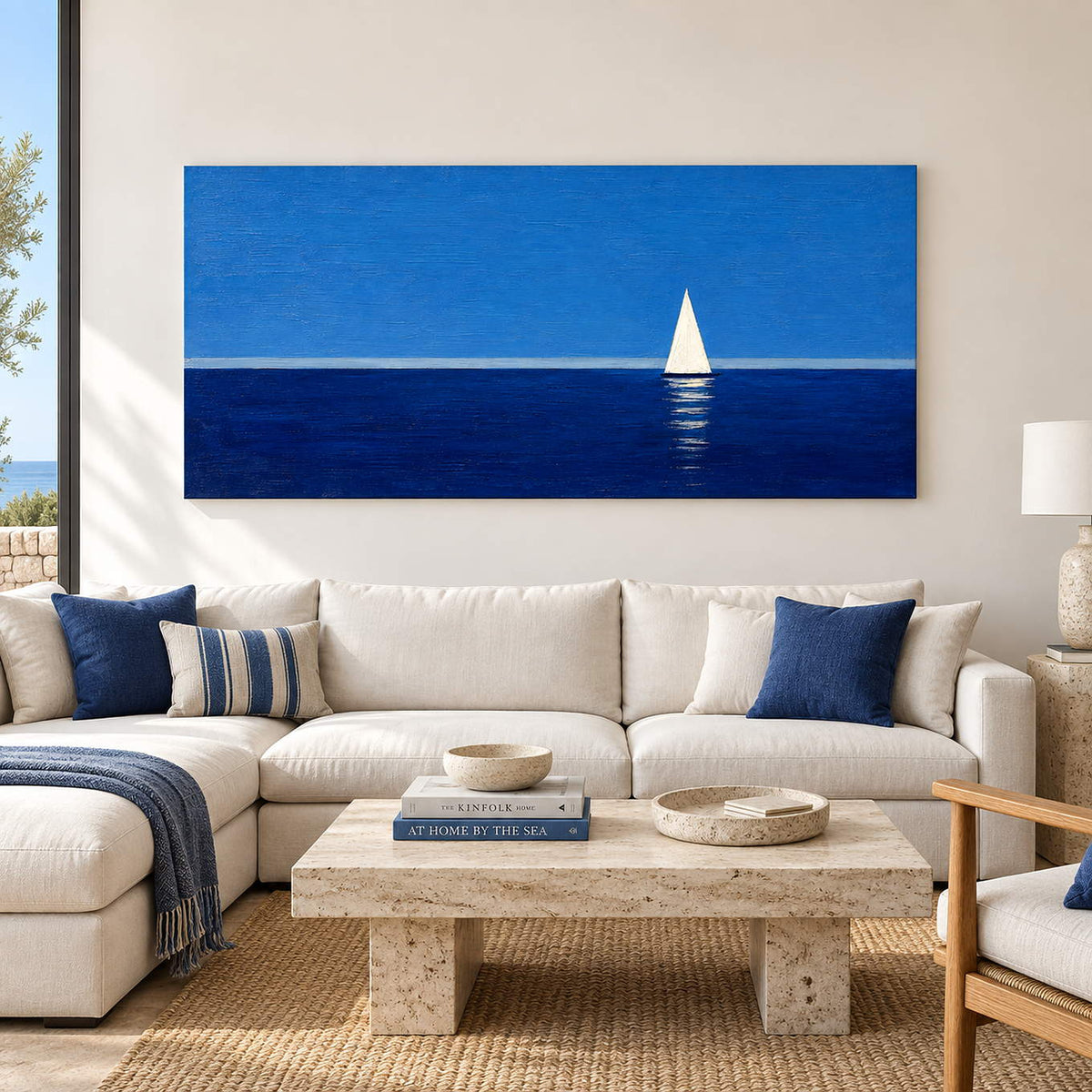 Panoramic blue coastal wall art with a solitary white sailboat, displayed in a living room without an outer frame.