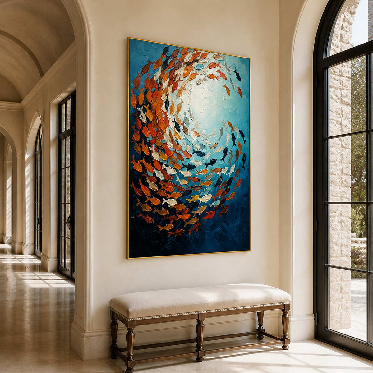 Gold framed fish painting above a cream bench along a bright hallway with arched windows.