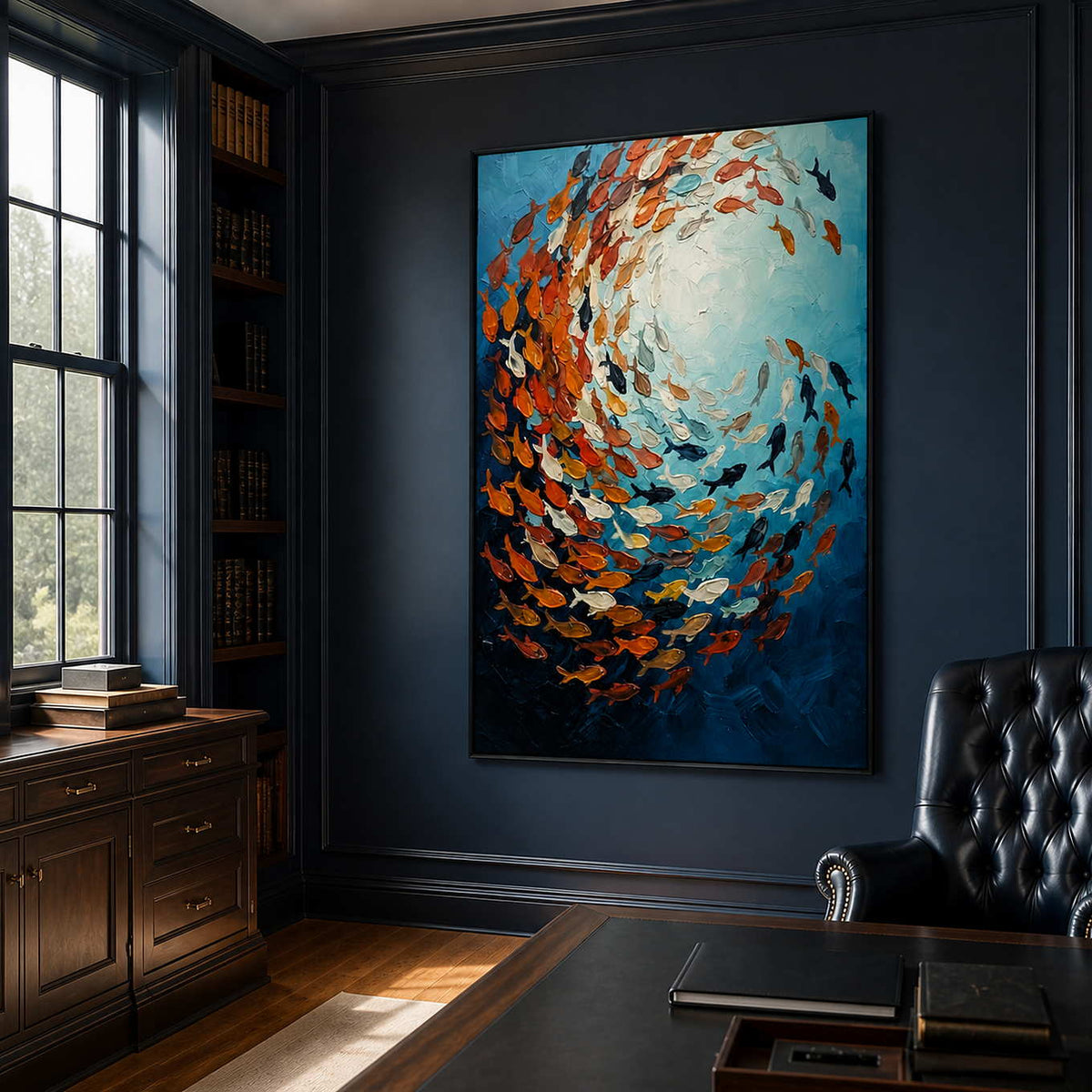Black framed fish painting beside a leather desk chair in a navy paneled study.