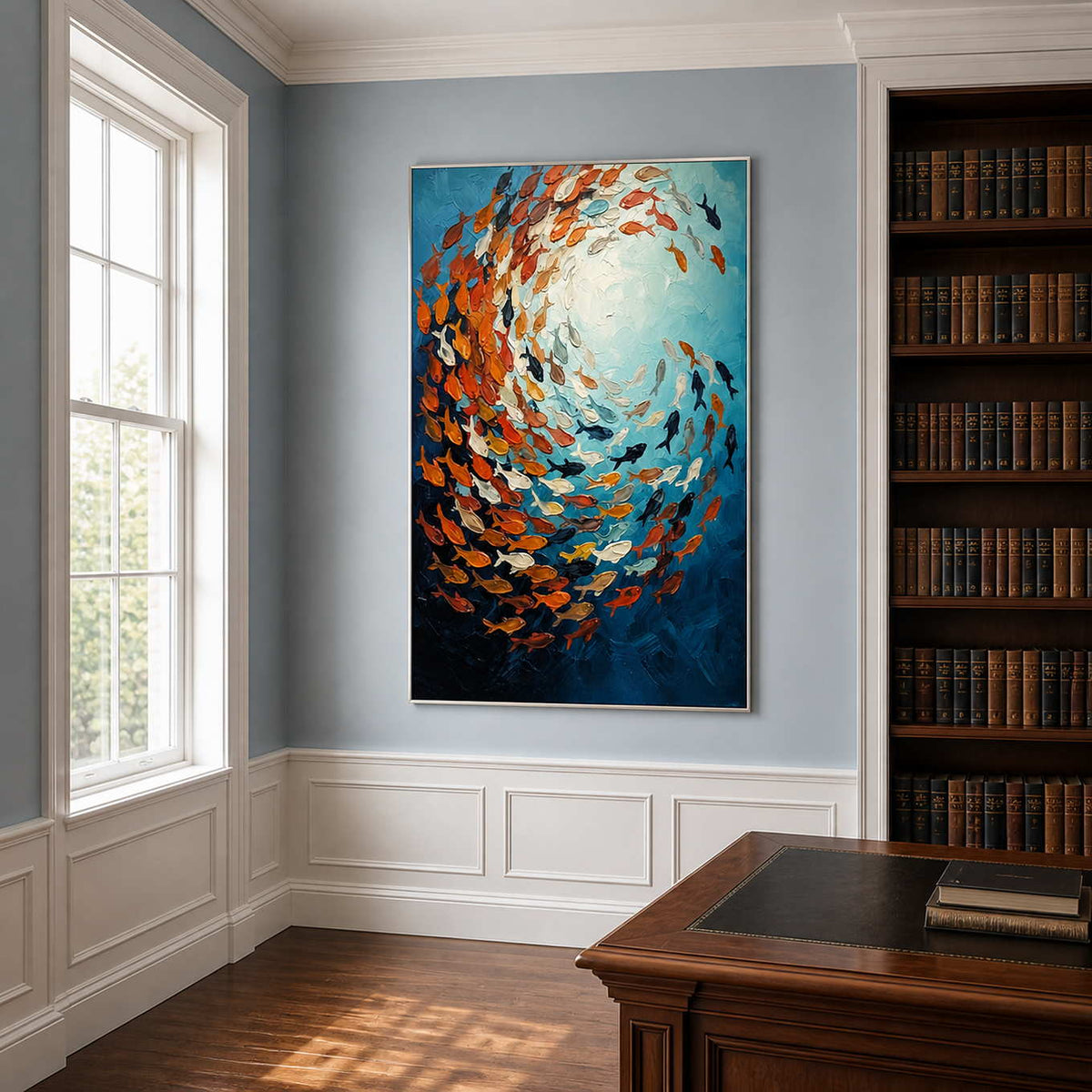 Silver framed fish painting beside a wooden desk and bookshelves in a light blue office.