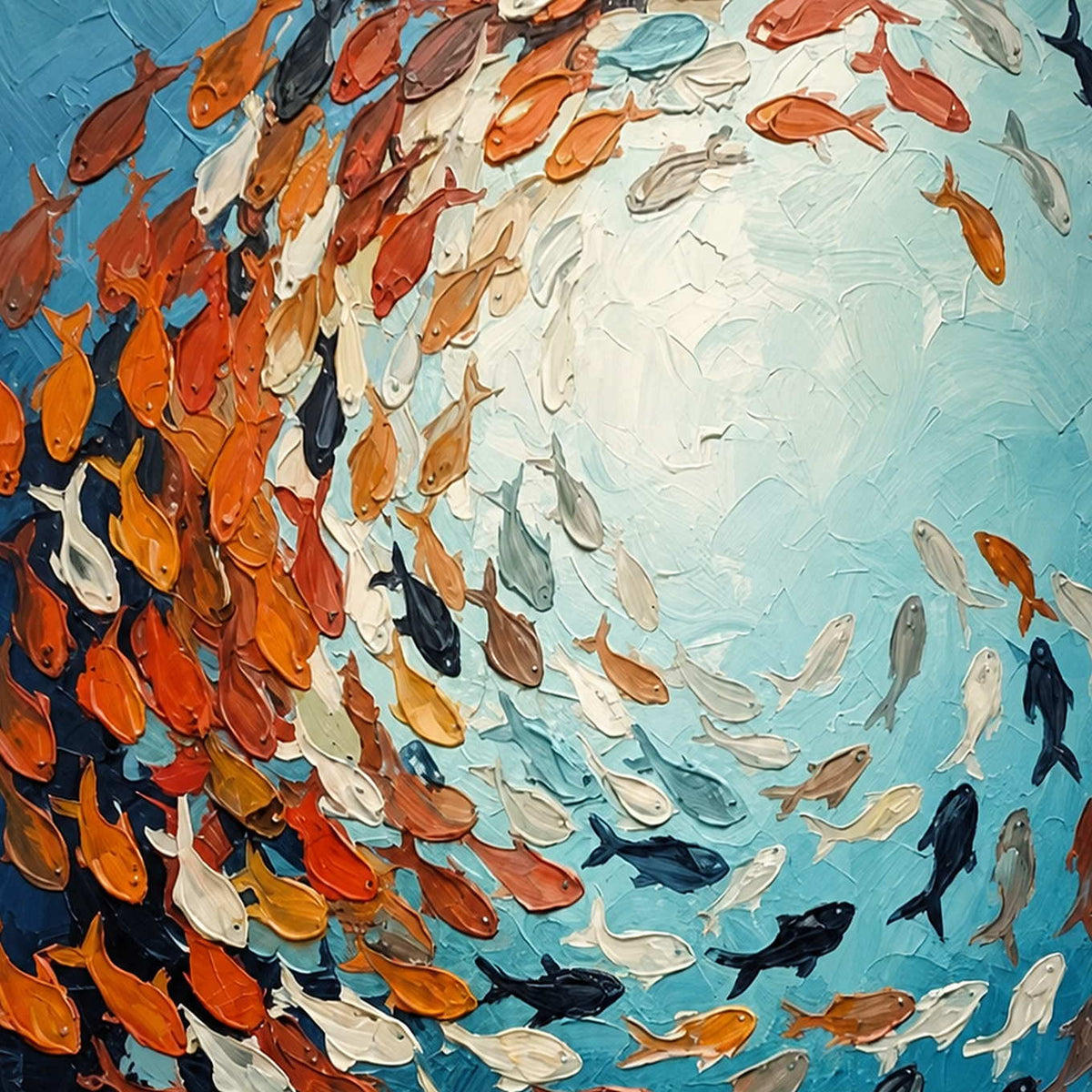 Close view of raised orange and white fish circling a pale blue textured opening.