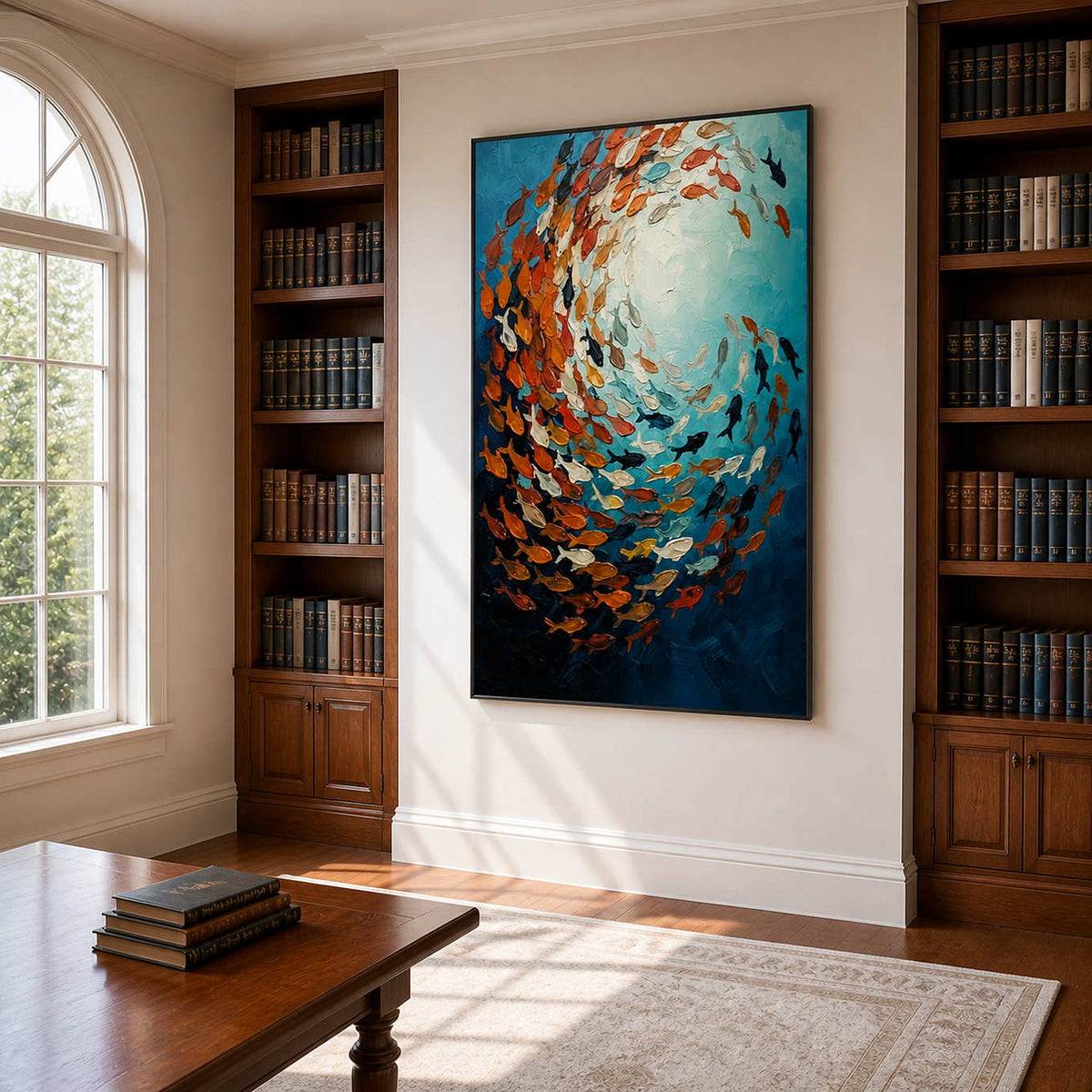 Wood framed fish artwork between walnut bookshelves behind a family study table.