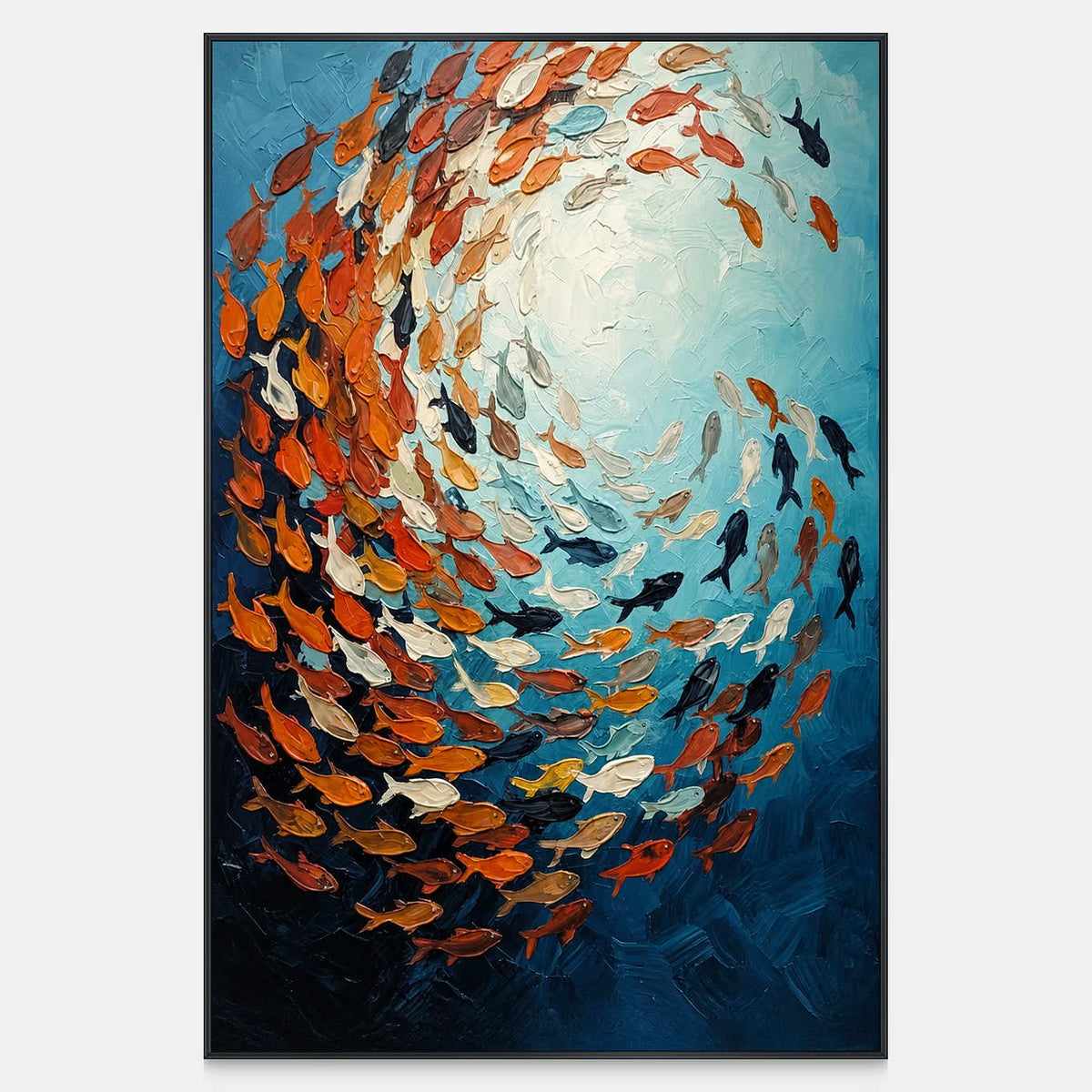 Orange, white, and dark fish spiral around a bright blue opening in textured water.