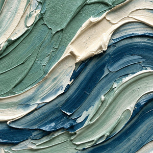 Close-up of A Sea Breeze showing thick sea-green, blue and cream paint following curved palette-knife ridges.