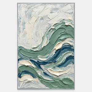 Front view of A Sea Breeze, a vertical textured abstract painting with sea-green, deep blue and cream wave-shaped curves.