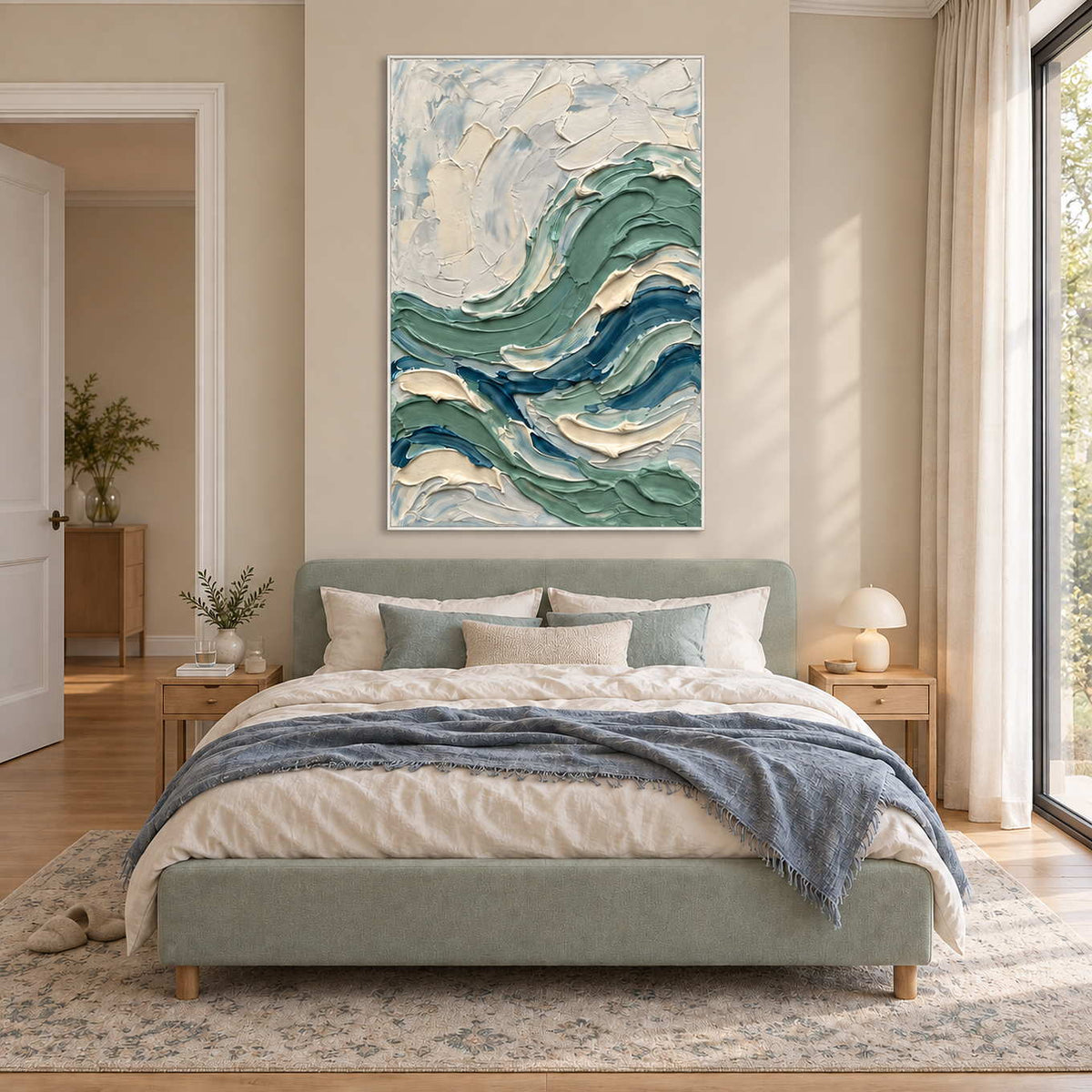 A Sea Breeze in a white frame above a pale green bed with a blue throw in a sunlit bedroom.