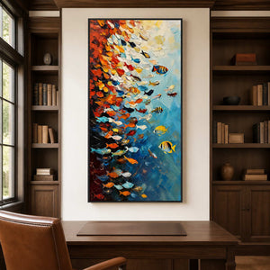 Black framed fish artwork between wooden bookshelves above a desk in a family study.