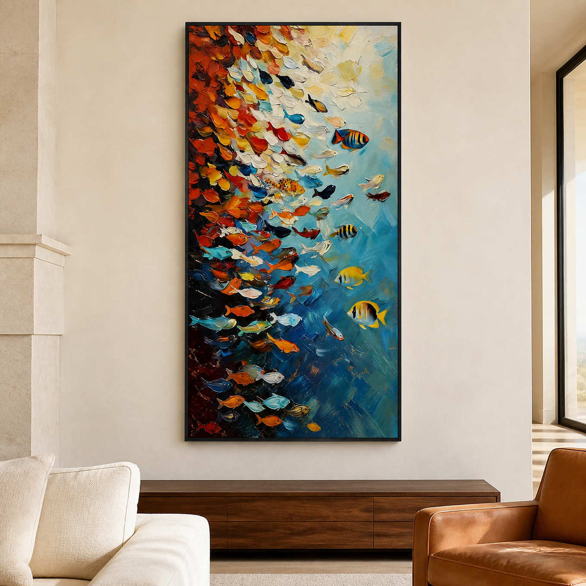 Black framed fish painting between a cream sofa and leather chair in a living room.