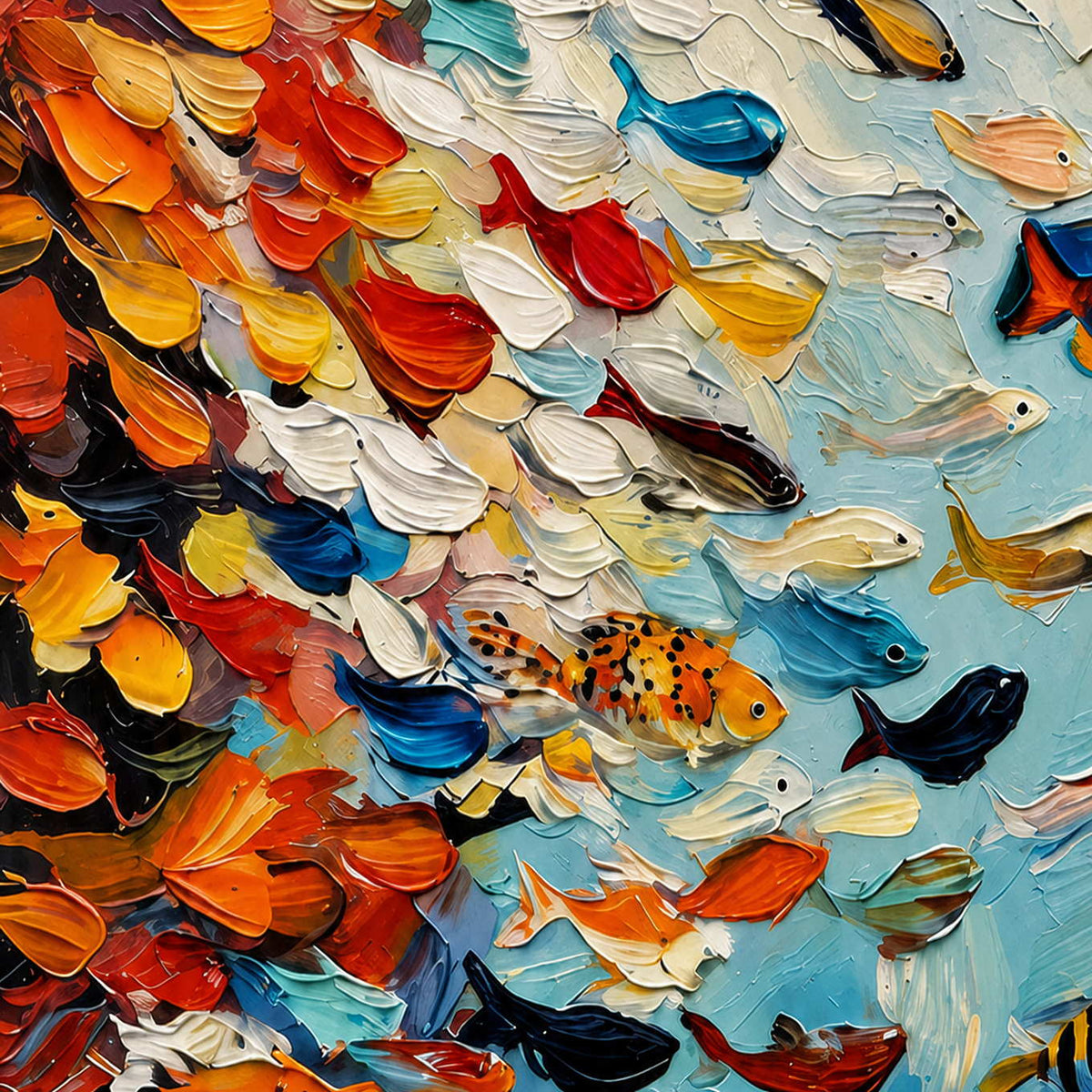 Close view of thick orange, cream, blue, and spotted fish shapes with raised ridges.