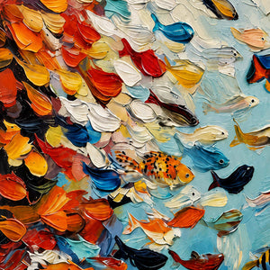 Close view of thick orange, cream, blue, and spotted fish shapes with raised ridges.