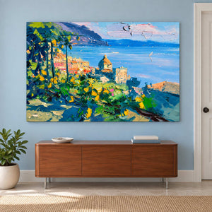Bay-and-garden artwork above a wooden sideboard on a blue wall.
