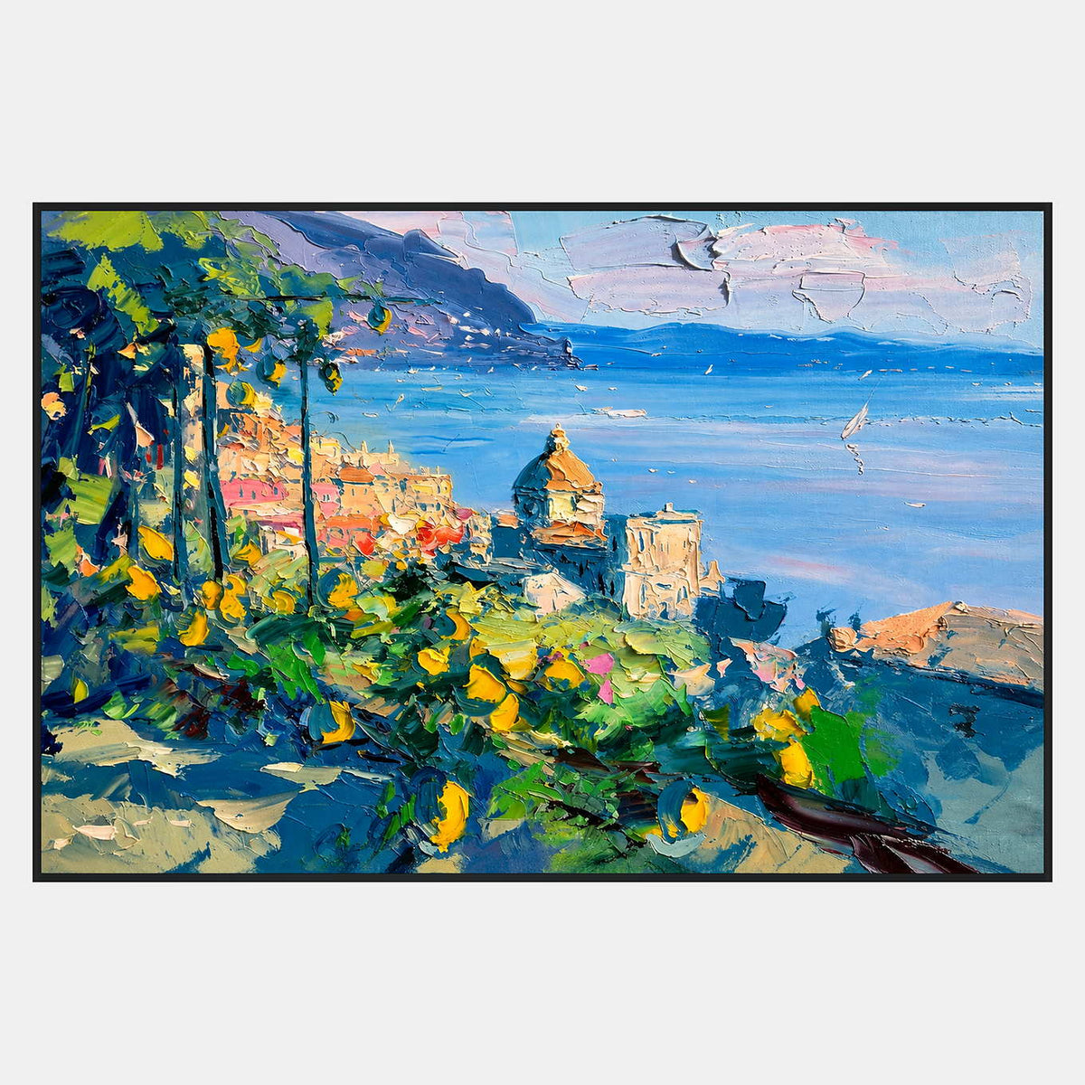 Coastal town and domed building beside a blue bay, viewed past green branches with yellow fruit and distant slopes.