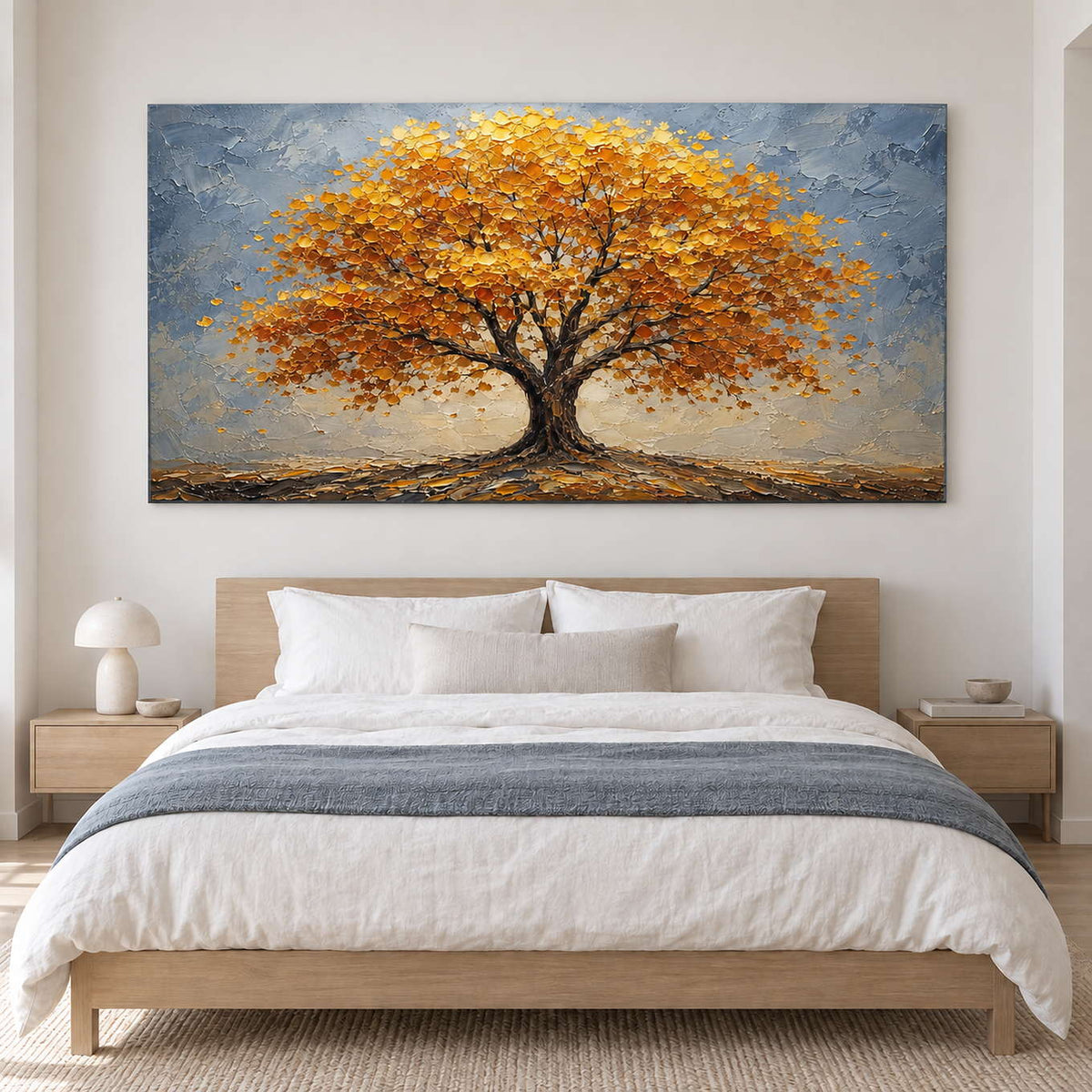 A broad golden autumn tree beneath a gray-blue sky without an outer frame, displayed above a bed.