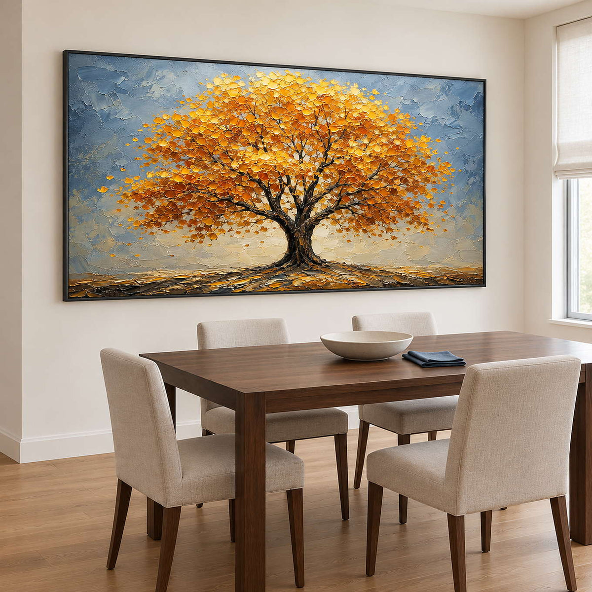 A broad golden autumn tree beneath a gray-blue sky in a black frame, displayed above a dining table.